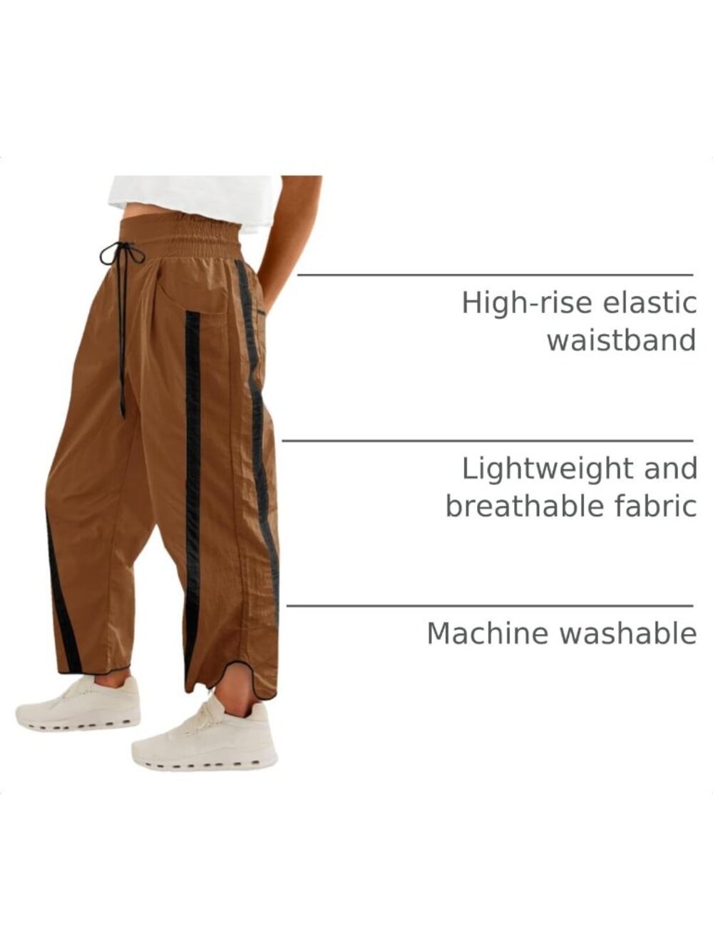 Women's Camel High Rise Baggy Wide Leg Pants Casual Drawstring Elastic Waisted - Picture 4 of 6